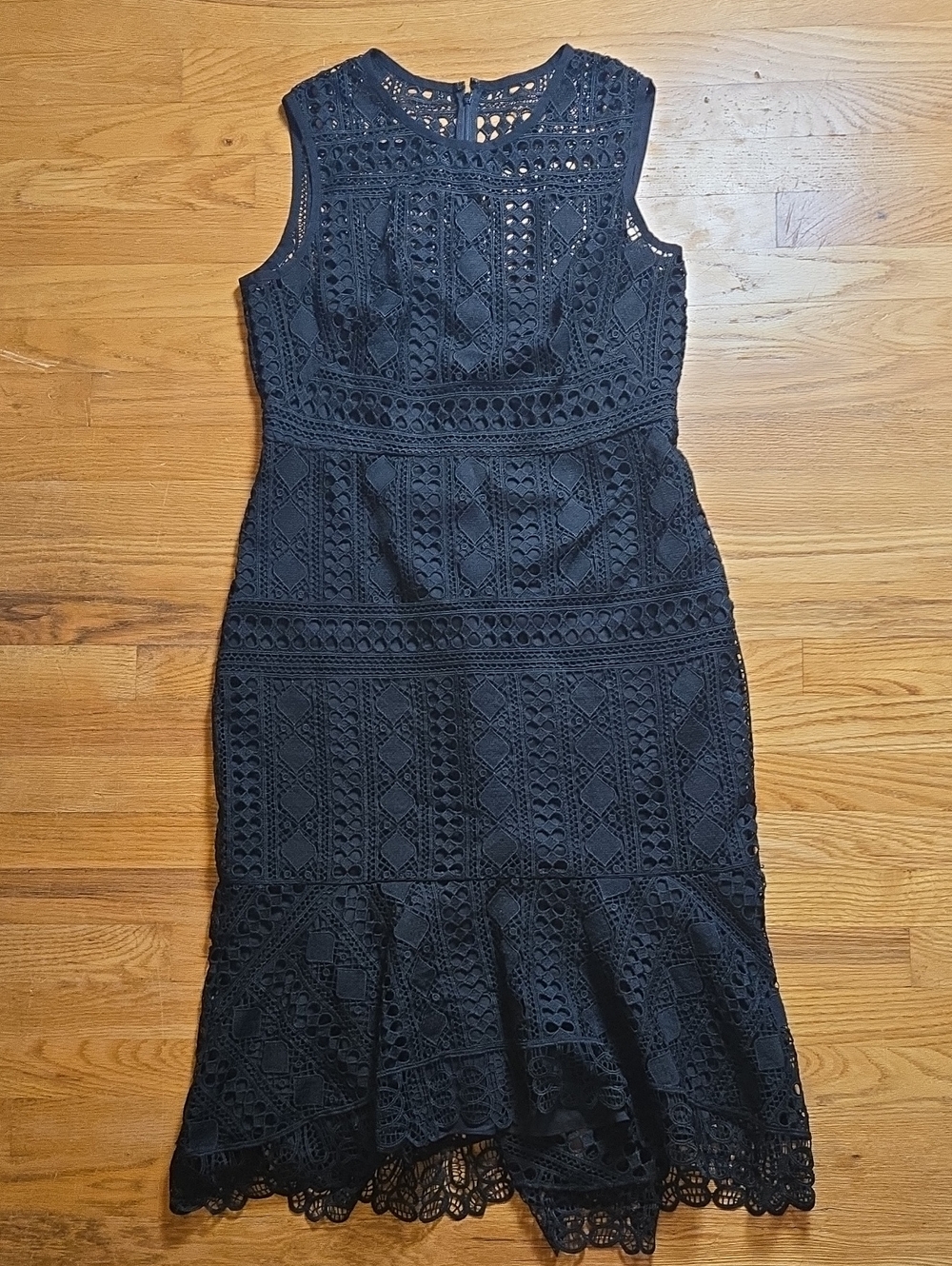 Shoshanna black geometric lace cutout sleeveless midi dress